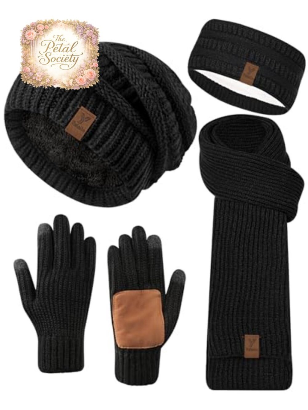 Women Winter 4-in-1 Beanie Scarf Gloves Headband Set Fleece Lined Knit